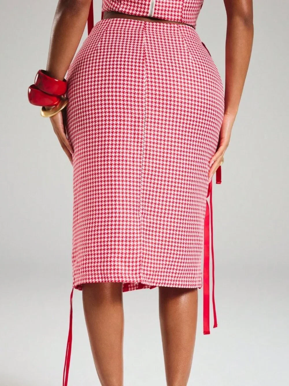 Red Casual Women's Lace Up Gingham Tweed Houndstooth Pencil Midi Skirt
